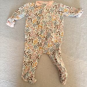 Milk Berry Pink + Yellow Floral Print Ruffle Trim Zipper Footed Sleeper 3-6 M